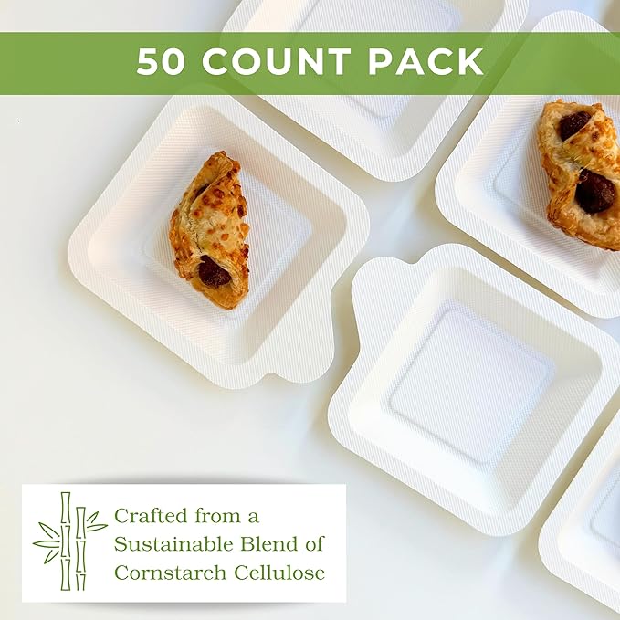 300 Pack 4.4" Mini Biodegradable Square Disposable Plates | Corn Starch Eco-Friendly Small Serving Tray | Tiny Party Plates for Appetizers and Desserts | White Trays | CMJJ