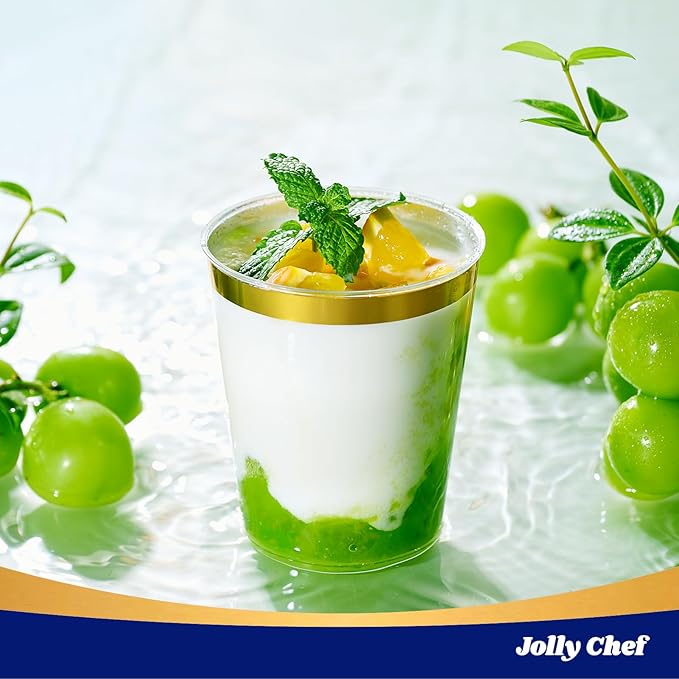 JOLLY CHEF 200 Pack 10 oz Gold Plastic Cups Elegant Gold Rimmed Disposable Cups Heavy-Duty Party Cups for Wedding, Thanksgiving, Christmas Parties
