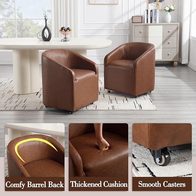 Modern Barrel Dining Chair with Rolling Casters, Upholstered PU Leather Swivel Dining Room Chair with Wheels for Kitchen Living Room Home Office, Brown