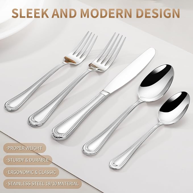 Heavy Duty Silverware Set for 12, 18/10 Stainless Steel, 60 Pieces Silverware Knife Spoon and Fork Set, Dishwasher Safe Flatware Set with Beaded Edge Handle