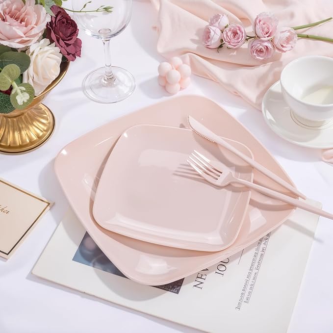 PULOTE 60PCS Pink Square Plastic Plates Disposable - Premium Quality Pink Set Include 30 Dinner / 30 Dessert Plates for Party, Wedding & Valentines Day