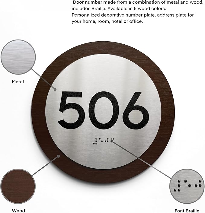 Bsign Round Door Number Sign - Wood Stainless Steel Plate - Custom Door Plates