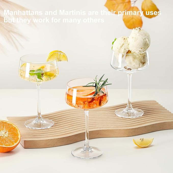 Martini Glasses Set of 6, 8 oz Premium Crystal Coupe Glasses, Hand Blown Champagne Drinkware with 6 Cocktail Picks, Clear Cocktail Glasses for Bar, Parties, Martinis, Margaritas