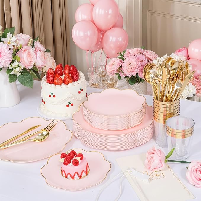 EI 180pcs Pink Plastic Plates with Gold Plastic Silverware,Party Plates Disposable,Pink Dinnerware Set for Afternoon Tea,Wedding,Birthday,Easter,Spring,Mother's Day,Valentine's Day