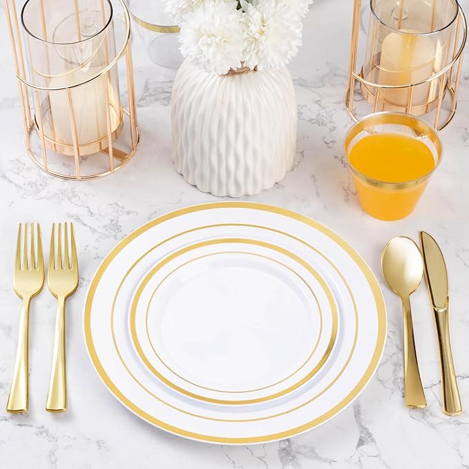 Bestvip 150PCS Gold Plastic Plate Set (25 Guests), Plastic Plates for Party Wedding Birthday, Disposable Dinnerware Set of 50 Plastic Plates, 50 Forks, 25 Spoons, 25 Knives