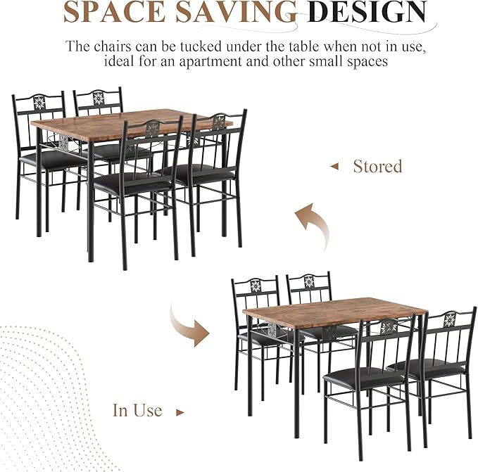 VECELO Dining Table Set for 4, 5-Piece Wood Kitchen Table with Upholstered Padded Chairs for Small Space, Breakfast Nook, Space-Saving, Brown