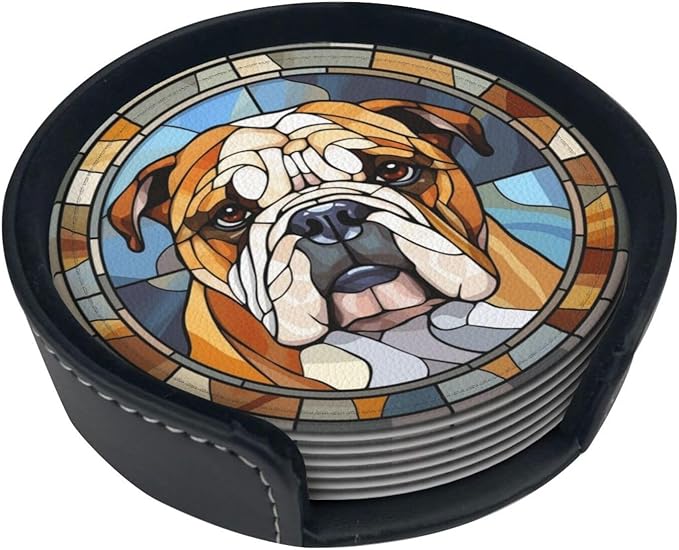 Drink Coaster Set of 6, Bulldog Dog Mom Lover Gift,Leather Drink Coasters with Holder,6 Pack Cup/Bar/Drink Coasters for Table/Drinks/Coffee Protection Housewarming Gift