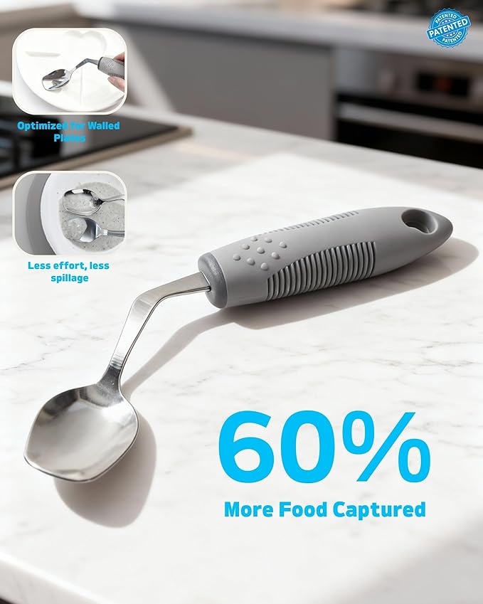 4-Piece Adaptive Utensils Set with Rocker Knife & Shovel Spoon - 42° Angled Parkinsons Utensils, 2.5 oz Weighted Silverware for Hand Tremors and Arthritis, Adaptive Eating Utensils (Grey Left-Handed)