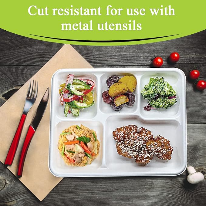 three leaf 5 COMPARTMENT BAGASSE (SCHOOL) TRAY 50 Ct. Heavy-Duty- Super Strong- Natural- Eco-Friendly Disposable Bagasse Plates, 100% Biodegradable 5 Compartment meal Plates