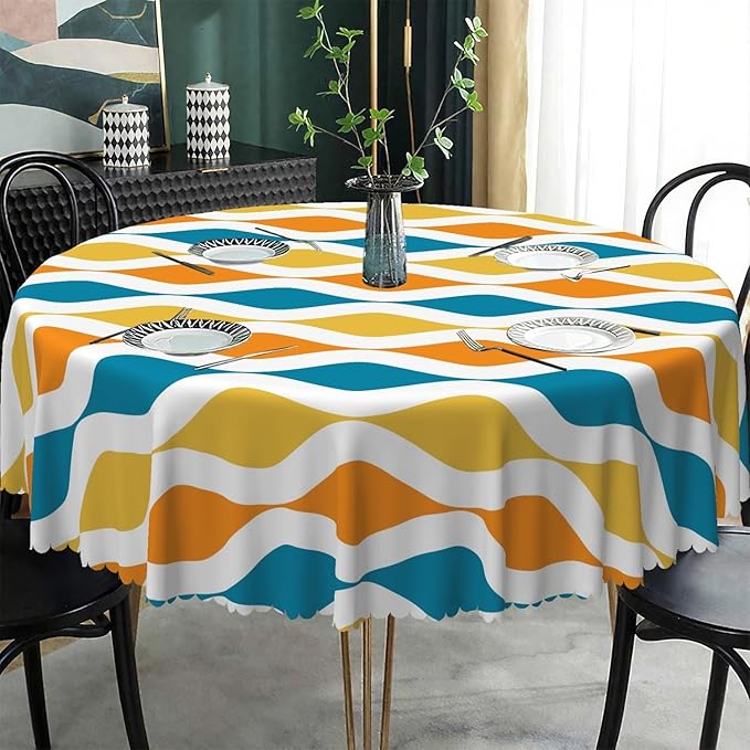 Laeacco 24 Inch Geometric Round Tablecloth Blue and Orange Waved Stripes Modern Abstract Art Print Table Cloth Washable Waterproof Wrinkle Free Table Cover for Kitchen Dining Picnic Party Decoration