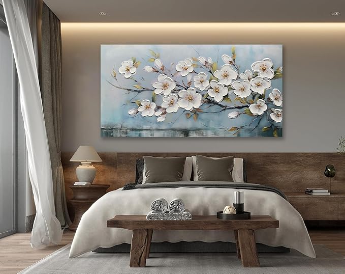 Anolyfi White Textured Flowers Wall Art for Living Room Canvas Wall Decor, Modern Elegant Landscape Wall Art for Dining Room Hallway Office Home 40"x20"