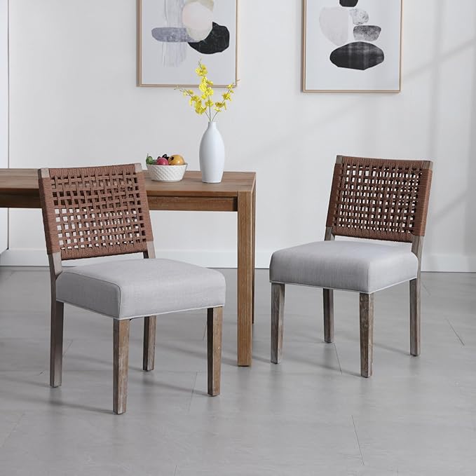 Farmhouse Dining Chairs Set of 2 Linen Fabric Upholstered Accent Side Chair, Mid Century Modern Kitchen & Dining Room Chairs with Woven Rope Back for Home, Living Room, Bedroom - Grey