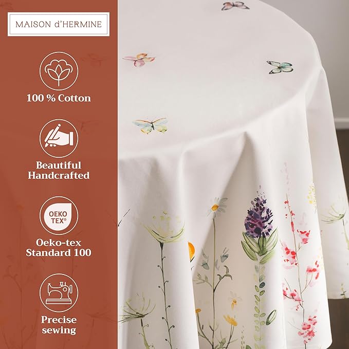 Maison d' Hermine Table Cloth Round Table 100% Cotton 63 Round Inches Tablecloth Reusable Decorative for Dining Room Farmhouse Home Valentines Day Decorations Spring Summer - Botanical Fresh
