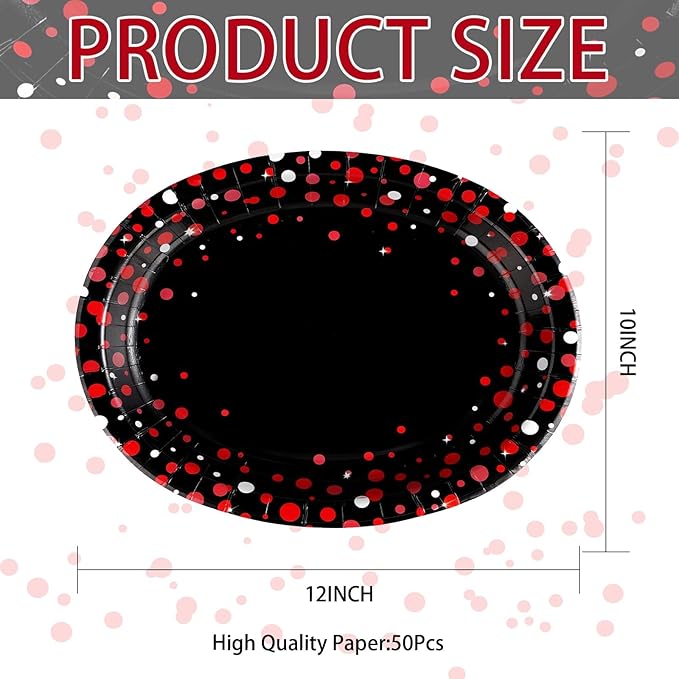 50 Pcs Black and Red Oval Plates 10" x 12" Large Red Dot on Black Party Plates Disposable Heavy Duty Valentine's Day Paper Plate for Valentines Day Fiesta Congrats Wedding Birthday Party Decorations