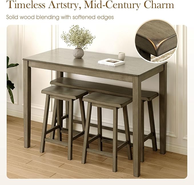 Sophia & William Dining Table Set for 4, Wooden Kitchen Table Set with Bench and 2 Chairs, Space-Saving Farmhouse Dining Sets, Smoky Brown