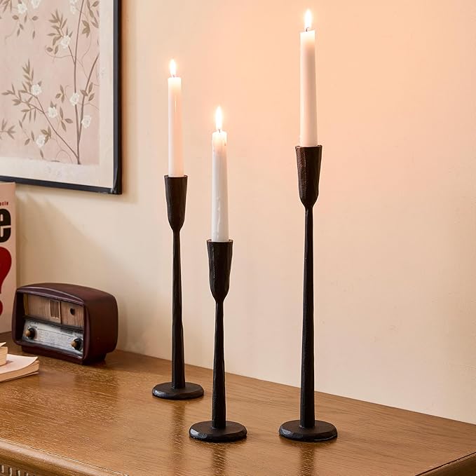 Cast Iron Taper Candle Holder Set of 3, Heavyweight Tall Candlestick Holders, for Fireplace Mantle & Dining Table, Versatile Decor for Wedding, Holiday, Home & Christmas (Black)
