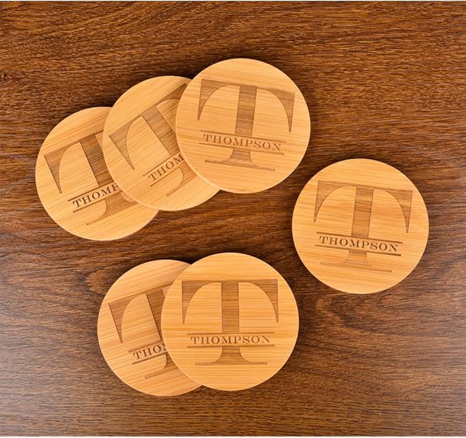 Personalized Bamboo Coasters, Custom Engraved Monogram Coasters with Holder, Great Gifts for Relatives, Friends or Yourself (T, Set of 6)