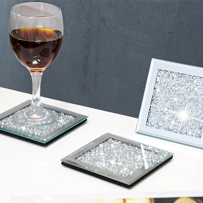Glass Mirrored Coasters Set of 4, Square Coasters with Crushed Diamond, Mirrored Silver Glass Cup Mats for Drinks, Home Decoration, Kitchen Cafe Bar Restaurant Tabletop Protection