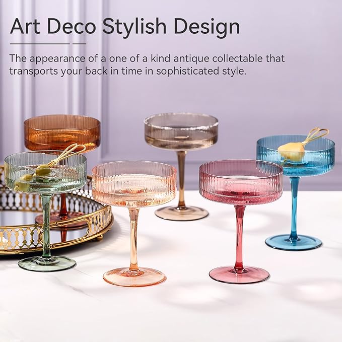 Colored Vintage Art Deco Coupe Glasses Set of 6 |Ribbed 9 oz Valentine's Day martini Glasses |Colorful Cocktail Glasses Set,Colored Coupe Glass,Champagne Coupe Glasses for Cocktail,Martini,Champagne