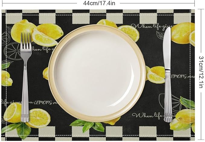 Vintage Lemon Placemat Set, Rustic Farmhouse Yellow Orange Fruit Leaves Black White Plaid Quotes Seamless Pattern Home Decor Linen Table Mats for Dining Room Kitchen Party (17x12in) x2P