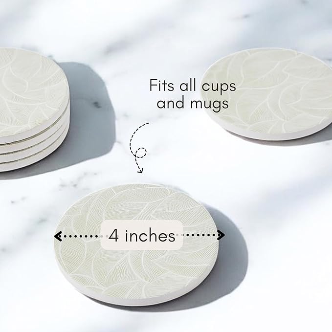 Ceramic Absorbent Coasters Set of 6 with Holder, Marble Drink Coasters for Coffee Table, Water-Absorbing Stone Coasters (Green Leaf Design)