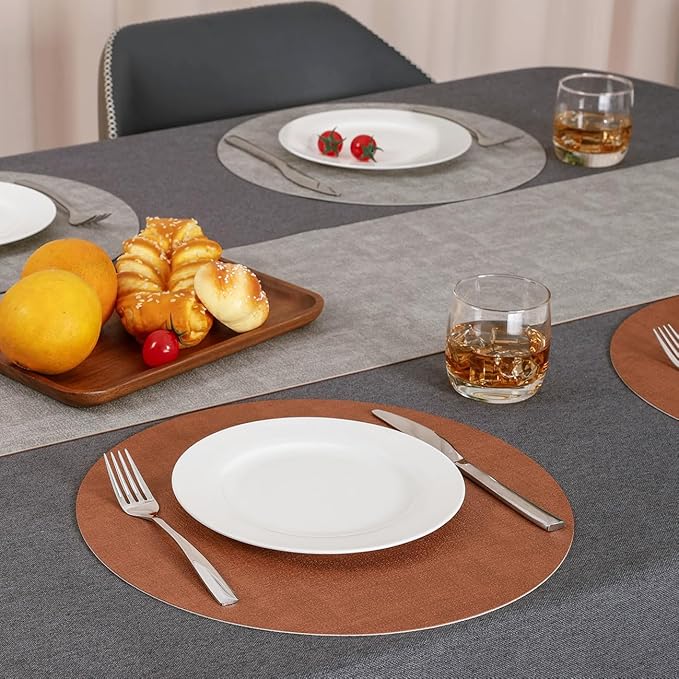 Myir JUN Reversible Vinyl Round Placemats Set of 6, Faux Leather Place Mats Dual Sided Waterproof Wipeable, Heat-Resistant Table Mats for Kitchen Dining Indoor Outdoor (14", Light Gray Reddish Brown)