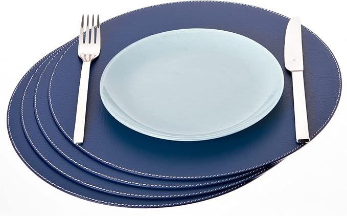 Nikalaz Round Placemats Set (Pack of 4) Recycled Leather Table Mats 15 inches, Kitchen Dining Table Decor by Nikalaz (Blue)