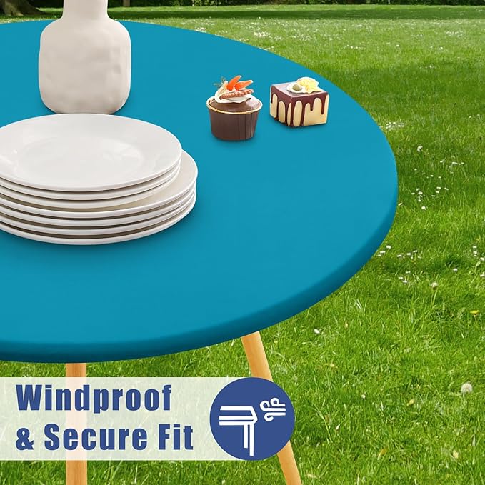 Round Spandex Tablecloth, Elastic Fitted Waterproof Tablecloths for 45"-56" Tables, Stretch Washable Picnic Table Cover for Camping, Dining, Indoor and Outdoor, Turquoise