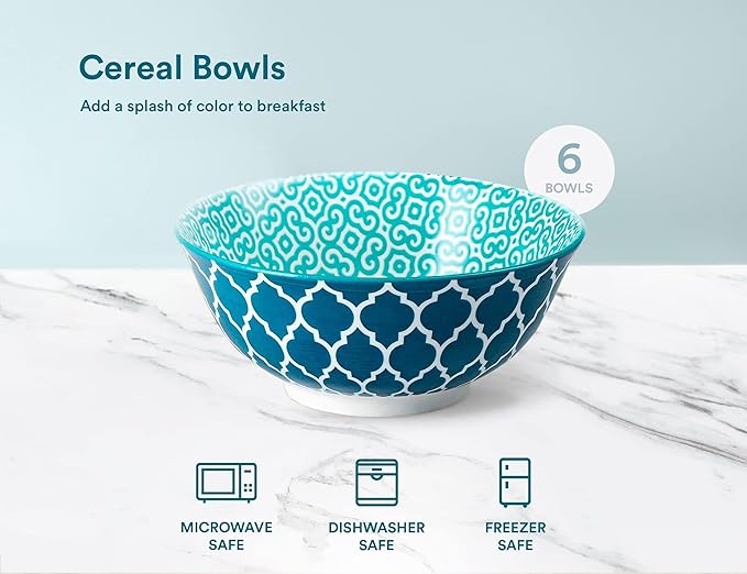 KooK Colorful Bowl, Ceramic Porcelain Bowls for Cereal, Fruit, Vibrant Patterned, Multi Color Designs, Housewarming Gift and Kitchen Decor for Soup, Salad, Set of 6, 18oz (Colorful)