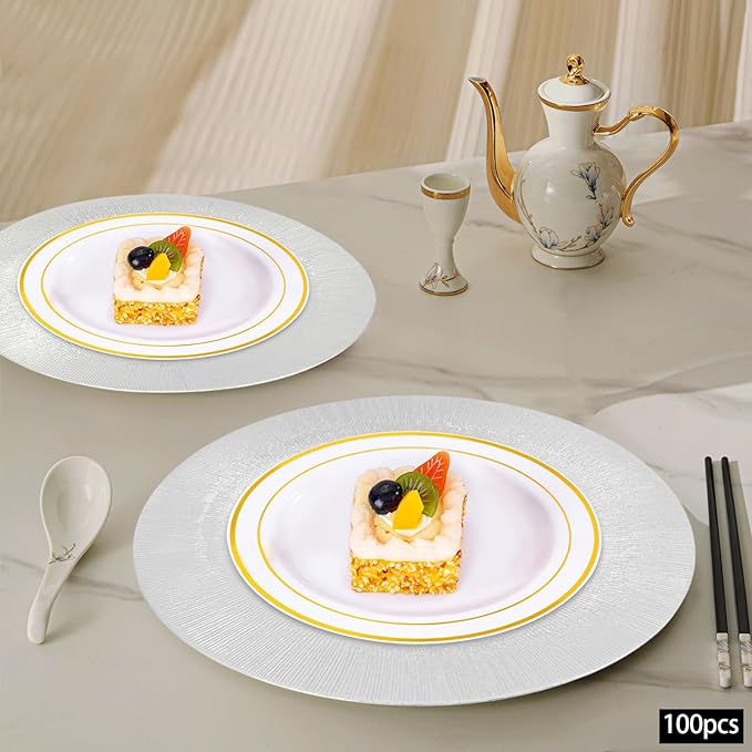 100 Pcs Antique Charger Plates Bulk, 13in Reusable Serving Plates Embossed Rim Plastic Party Dinner Plate Chargers Round Decorative Server Plate for Wedding Party Event Tableware