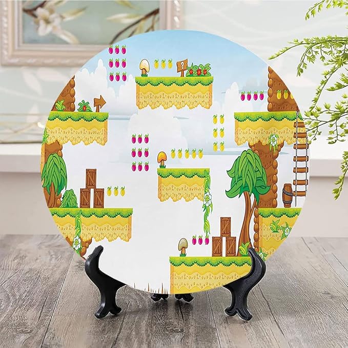 Decorative Plates, Video Games Print Ornament, Cartoon Retro Computer Graphic Kids Western, 7 Inch, Kitchen Wall Decor, Multicolor