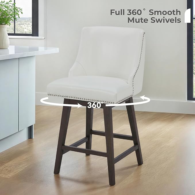 CHITA Counter Height Swivel Bar Stools Set of 2, FSC Certified Upholstered Counter Stools, Modern Swivel Barstools with Wood Legs for Kitchen Island, 26" Seat Height, Faux Leather in White