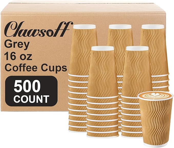 500 Pack 16 oz Disposable Coffee Cups No Lids, Insulated Ripple Wall Paper Coffee Cups 16oz for Hot Chocolate Tea Home Travel Office (Champagne)