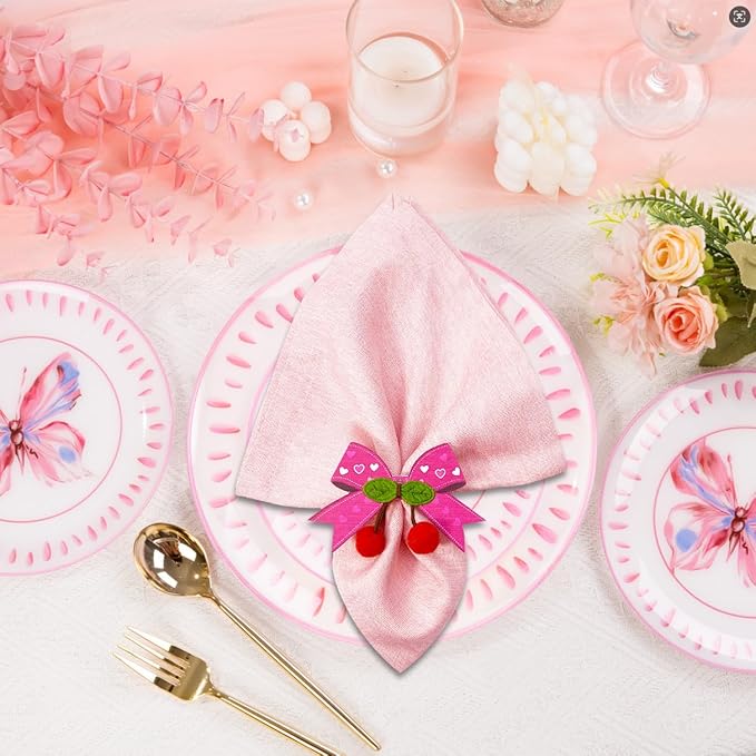 10 PCS Valentine's Day Napkin Rings Wood Pink Bow Napkin Rings Wedding Napkin Ring Holders Romantic Table Decor for Valentine's Day Anniversary Dinner Party