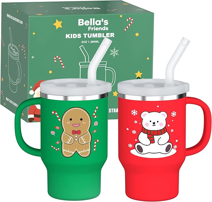 Bella's Friends Christmas Mini Tumbler- 9 0z Toddler Sippy Cup, Flexible Straw, Stainless Interior & Silicone Body, Birthday Gift for 1-3 Years Old Girls & Boys, Gingerbread Man & Polar Bear (2 Pack)