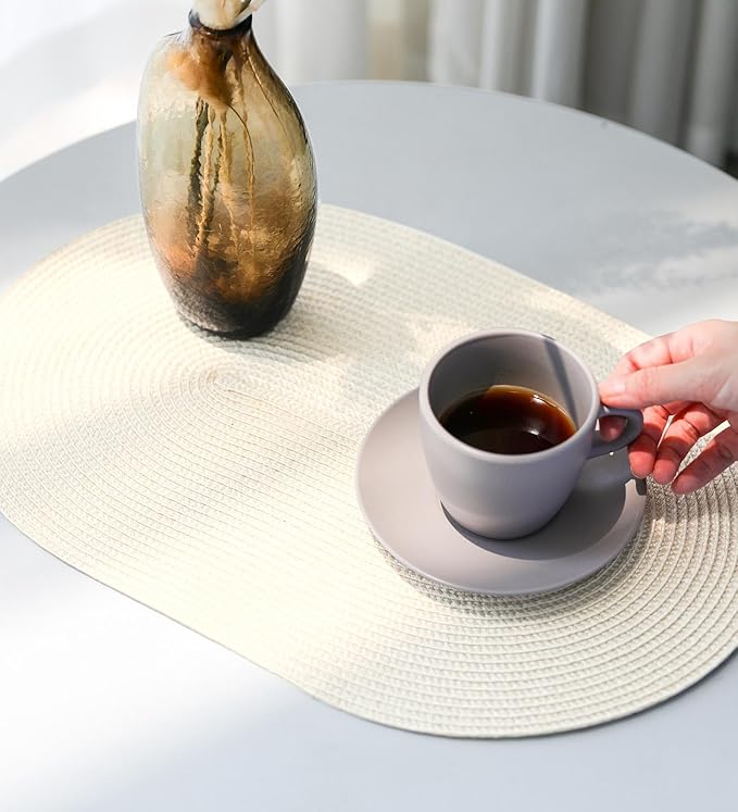 FunWheat Oval Braided Placemats Set of 6 Table Mats for Dining Tables Washable Heat Resistant Place Mats for Indoor Outdoor Use 12 x18 Inch(Oval Beige, 6pcs)