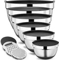 9 Pack Mixing Bowls with Airtight Lids Set, Stainless Steel Mixing Bowls with Grater Attachments, Nesting Kitchen Bowl Set with Non-Silp Bases, Size 5, 4, 3, 2, 1.5,1QT, Black