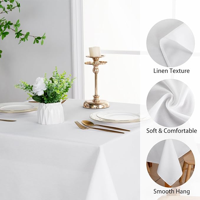 JIUZHEN Faux Linen Rectangle Tablecloth, Wrinkle Stain Resistant Farmhouse Textured Table Cloth Decorative Fabric for Kitchen, Dining, Party, Wedding,Outdoor Use,90 x 132 Inch,White