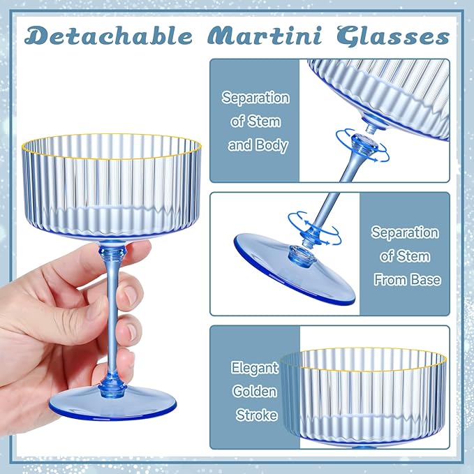 XUWAIDSGN 100 Pcs Champagne Martini Glasses 9 Oz with Gilded Removable Gold Rim Coupe Glasses Pink Martini Glasses Plastic Mimosa Vintage Coupe Glasses Set For Wedding Anniversary (100, Clear Blue)