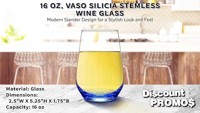 DISCOUNT PROMOS 10 Vaso Silicia Stemless Wine Glasses Set, 16 oz. - Clear, Orb-Like, Thick base - Blue