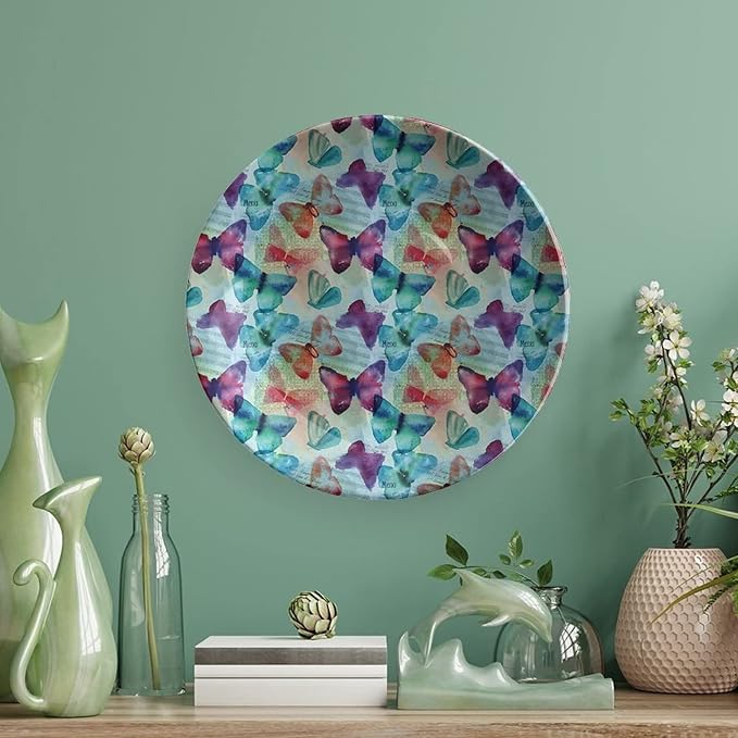 Ceramic Plates, Abstract Decorative Ceramic Plates, Watercolor Rainbow Colored Butterflies and Letterings Music, 10 Inch, Household Plates Decorative, Multicolor