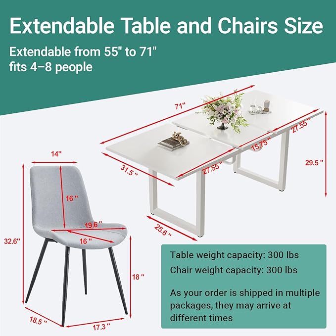 Extendable Dining Table Set for 4, 55"–71" Modern White Kitchen Table with 4 Upholstered Chairs, Space-Saving for Living Room Apartment, Sturdy & Comfortable, Easy Assembly