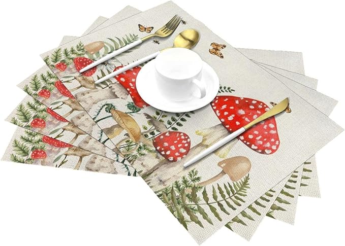 Spring Placemats 12x18 Inches Set of 4,Red Green Mushroom Leaves Decorative Rectangle Summer Seasonal Botanical Decoration Linen Table Mats for Party, Home Kitchen,Dining Table Decor