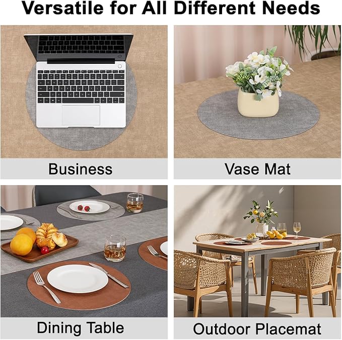 Myir JUN Reversible Vinyl Round Placemats Set of 4, Faux Leather Place Mats Dual Sided Waterproof Wipeable, Heat-Resistant Table Mats for Kitchen Dining Indoor Outdoor (14", Light Gray Reddish Brown)