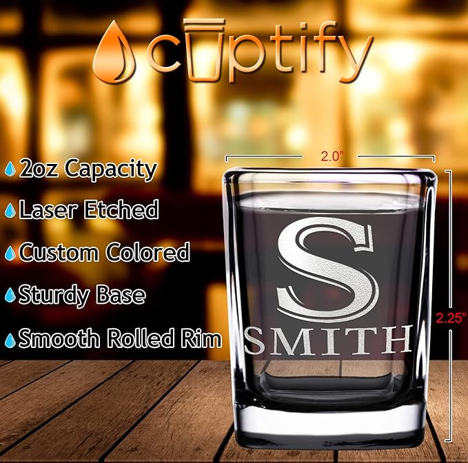 Personalized Glasses Set of 2 Initial and Name 2oz Black Bottom Etched Square Shot Glass Engraved with Custom Text Birthday Gift for Men and Women