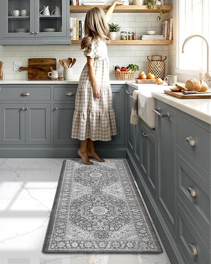 Color&Geometry Anti Fatigue Kitchen Mats for Floor 24x59, Vintage Decor, Easy Clean, Waterproof & Oil Proof, 0.4" Thick Cushioned, Non-Slip Kitchen Runner Rug for Sink, Laundry, Office, Grey