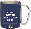 Custom Stainless Steel Mugs with Carabiner Handle 10 oz. Set of 50, Personalized Bulk Pack - Perfect for Coffee, Soda, Other Hot & Cold Beverages - Navy Blue