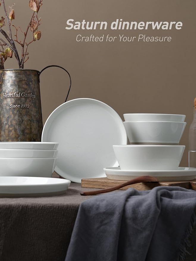 Famiware Saturn 16 Pieces Plates and Double Bowls Sets for 4, Stoneware Dinnerware Set with Pasta Bowl, Dish Set with Trim - Chip & Scratch Resistant, Microwave & Dishwasher Safe, White