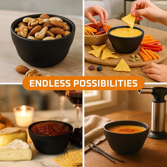 Bruntmor Set of 6 Ceramic Dessert Bowls - 8 Oz Chip and Dip Bowls for Parties, Small Ceramic Ramekins Set for Snacks, Nuts, and Dips - Custard Cups - Oven, Microwave, Dishwasher Safe - Matte Black