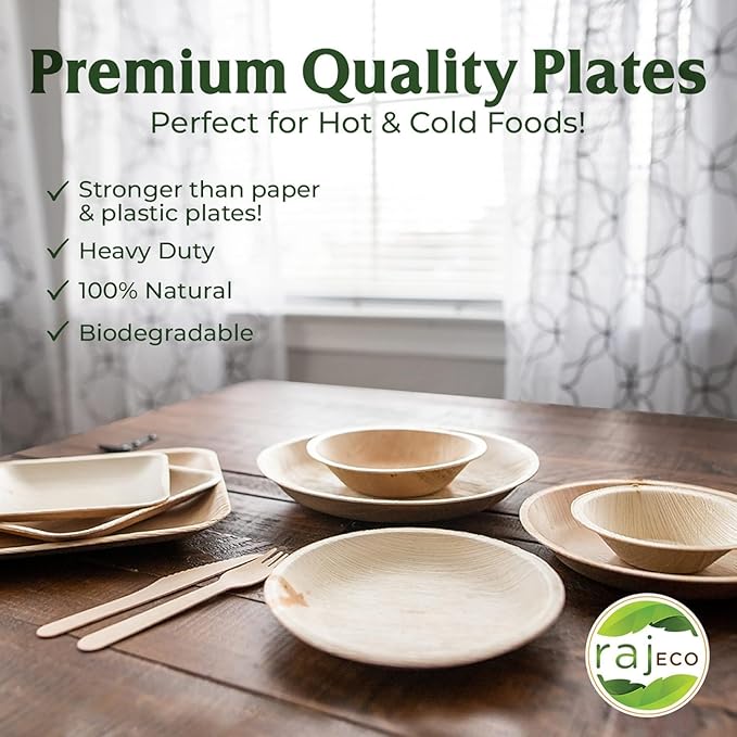 Raj Palm Leaf Plates [100-Pack] 10" Round Plates (2 CASES - 200 PACK) like Bamboo plates Disposable, Strong, Decorative Compostable Tableware for weddings, Lunch, Birthday, Camping, Outdoor